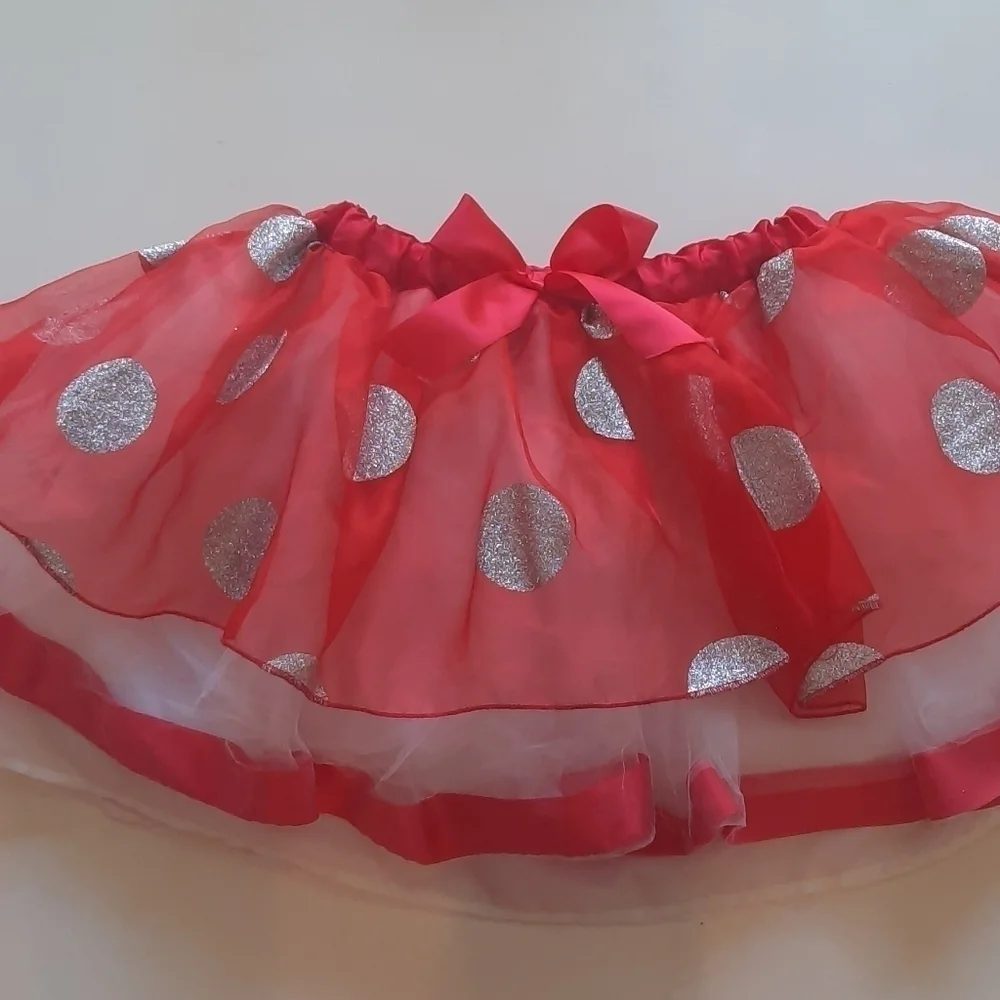 Disney Parks Minnie Mouse Red Tulle Tutu Skirt Silver Polka Dot L